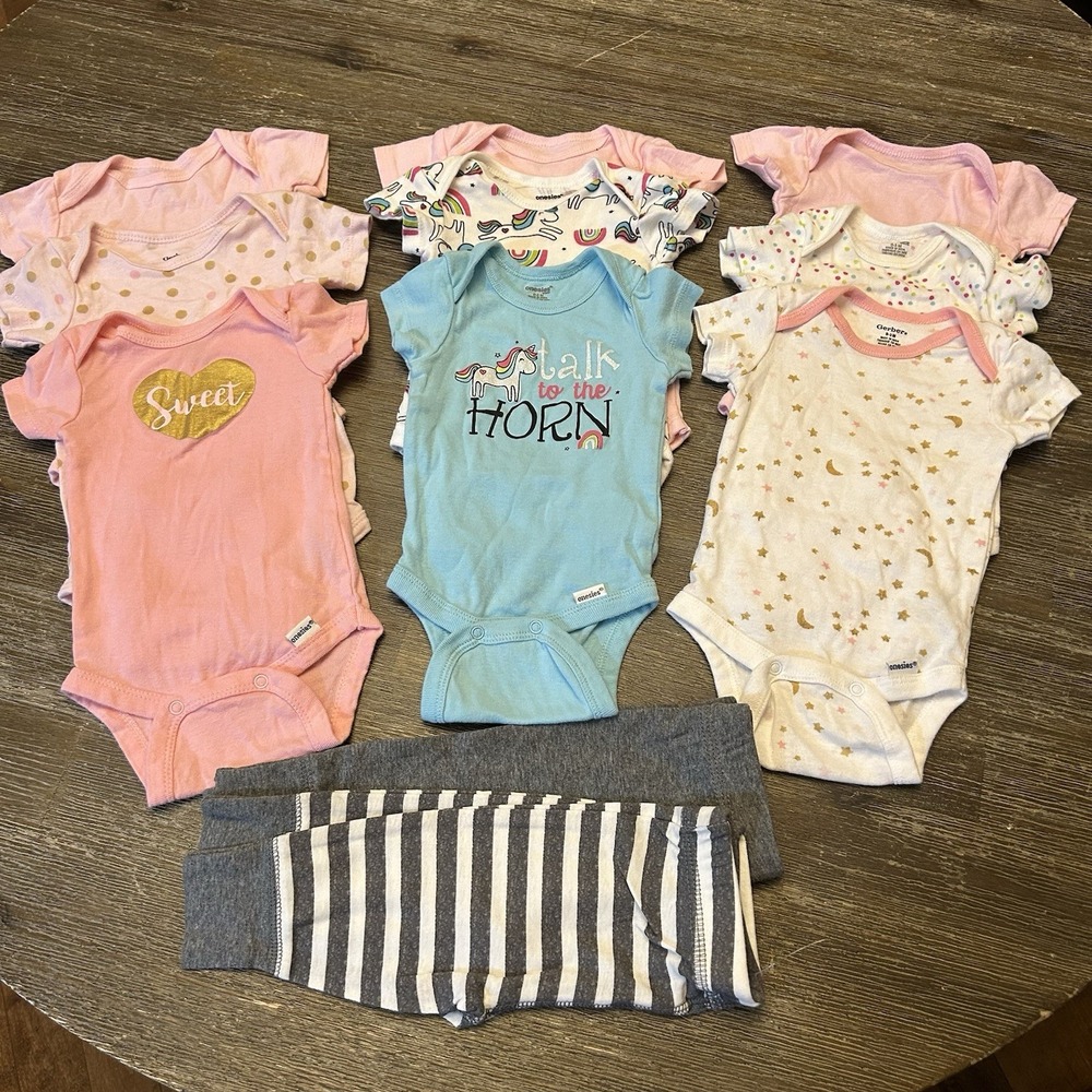 Baby Girl Clothes Lot 0-3 Months 11 Pc Gerber Onesies Bodysuits Leggings Unicorn